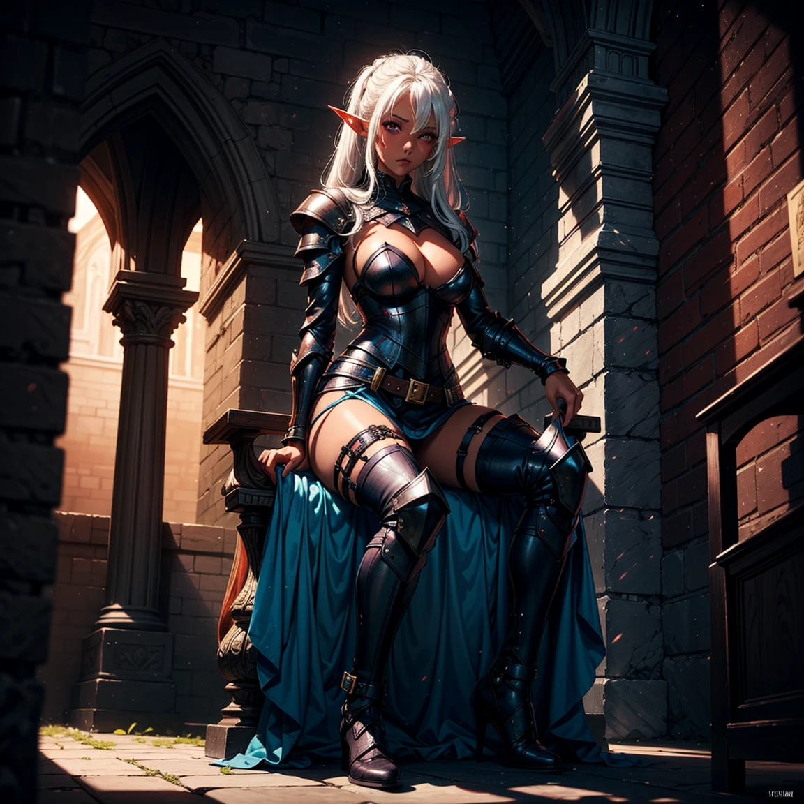 1girl, (solo), elf, long asymmetrical hair, white hair, long pointed ears, purple eyes, serious, blushing, (medium breasts), dark skin, (knight), chainmail, plate armor, sitting on throne, medevial castle behind, medieval castle town, (days), (very sexy body, detailed face, detailed eyes, masterpiece, highly detailed, 8k, best quality, vibrant colors, digital art, concept art)