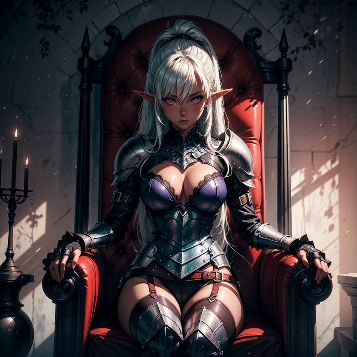 1girl, (solo), elf, long asymmetrical hair, white hair, long pointed ears, purple eyes, serious, blushing, (medium breasts), dark skin, (knight), chainmail, plate armor, sitting on throne, medevial castle behind, medieval castle town, (days), (very sexy body, detailed face, detailed eyes, masterpiece, highly detailed, 8k, best quality, vibrant colors, digital art, concept art)