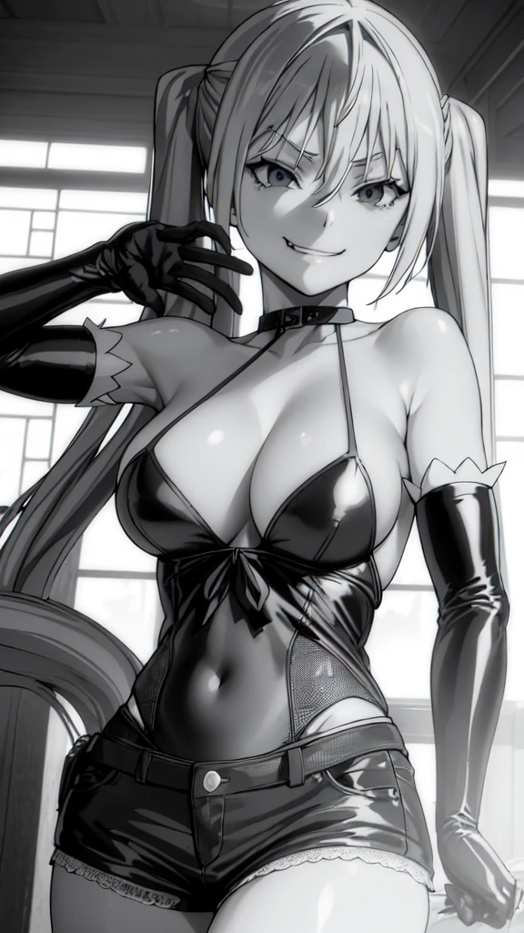 (masterpiece, best quality), 1girl, lieselotte sherlock,high quality, extremely detailed, ,(dark and stormy skies, lightning)(masterpiece:1.0),(Highest_quality:1.0), 超High resolution,4k,Super detailed, 8K, HDR, High resolution, disorganized:1.2, twintail,,looking at viewer,latex,elbow gloves,,, ,official art,short pants,(beautiful_face:1.5),(narrow_waist),,Highly detailed CG Unity 8K wallpaper, perfect lighting,laugh at,too evil smile,too evil smirk,looking down at viewer,upper body,smile bad,most evil fall,darkness background,deep dark face,,deep Shaded face (eyes in sha dow),