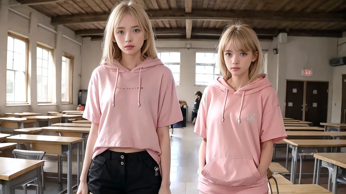 deux femmes blonde ensemble de 18 ans sexy et mince , pink short sleeve hoodie , salle de classe, se touche,position sey,sensuel