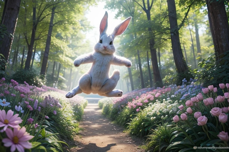 Disney 3D cartoon-like images of a rabbit happily jumping among the flowers in an enchanted forest.