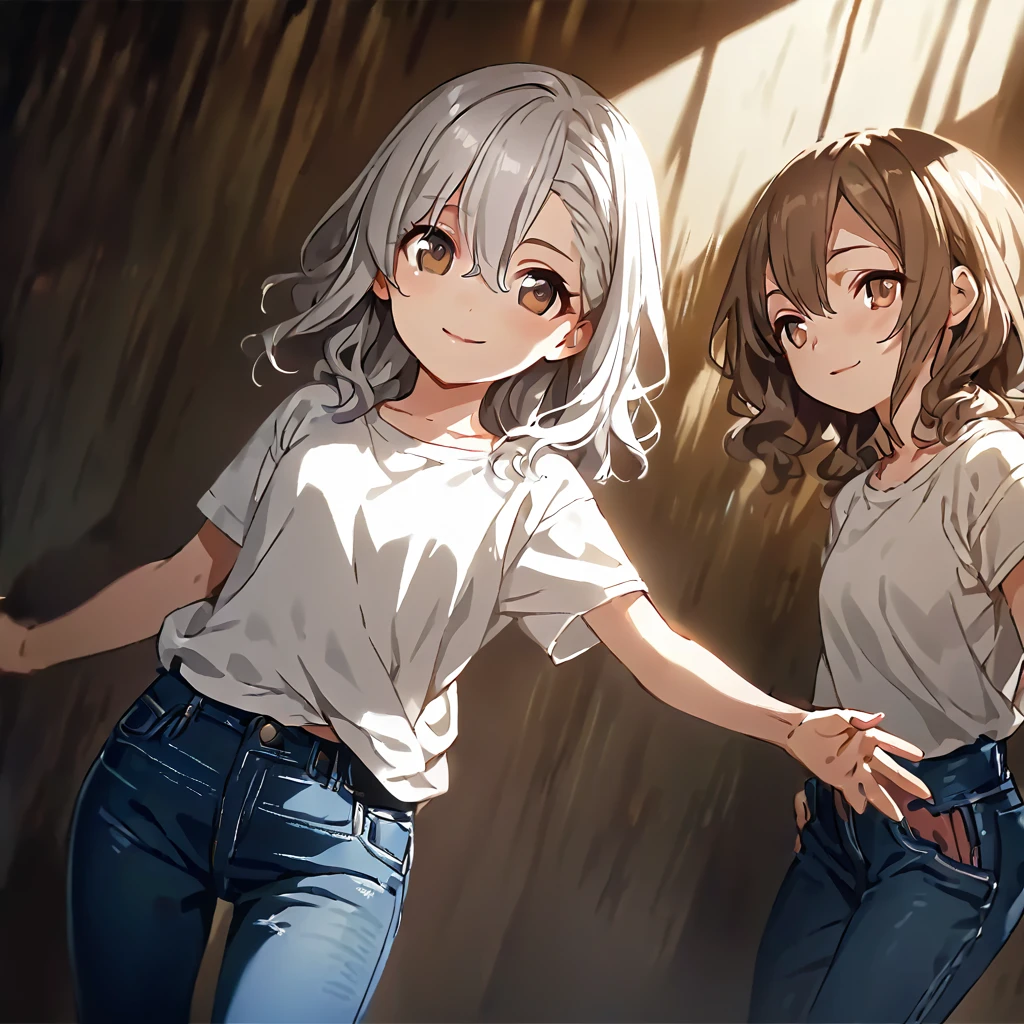  (Cute a girl:1.5), (a girl with silver middle hair, Hair between the eyes, brown eyes, white T-shirt.jeans pants:1.4), anime visual, (tilt head:1.3), realistic lighting and shading, (an extremely delicate and beautiful art:1.3),cowboy shot,smilng,