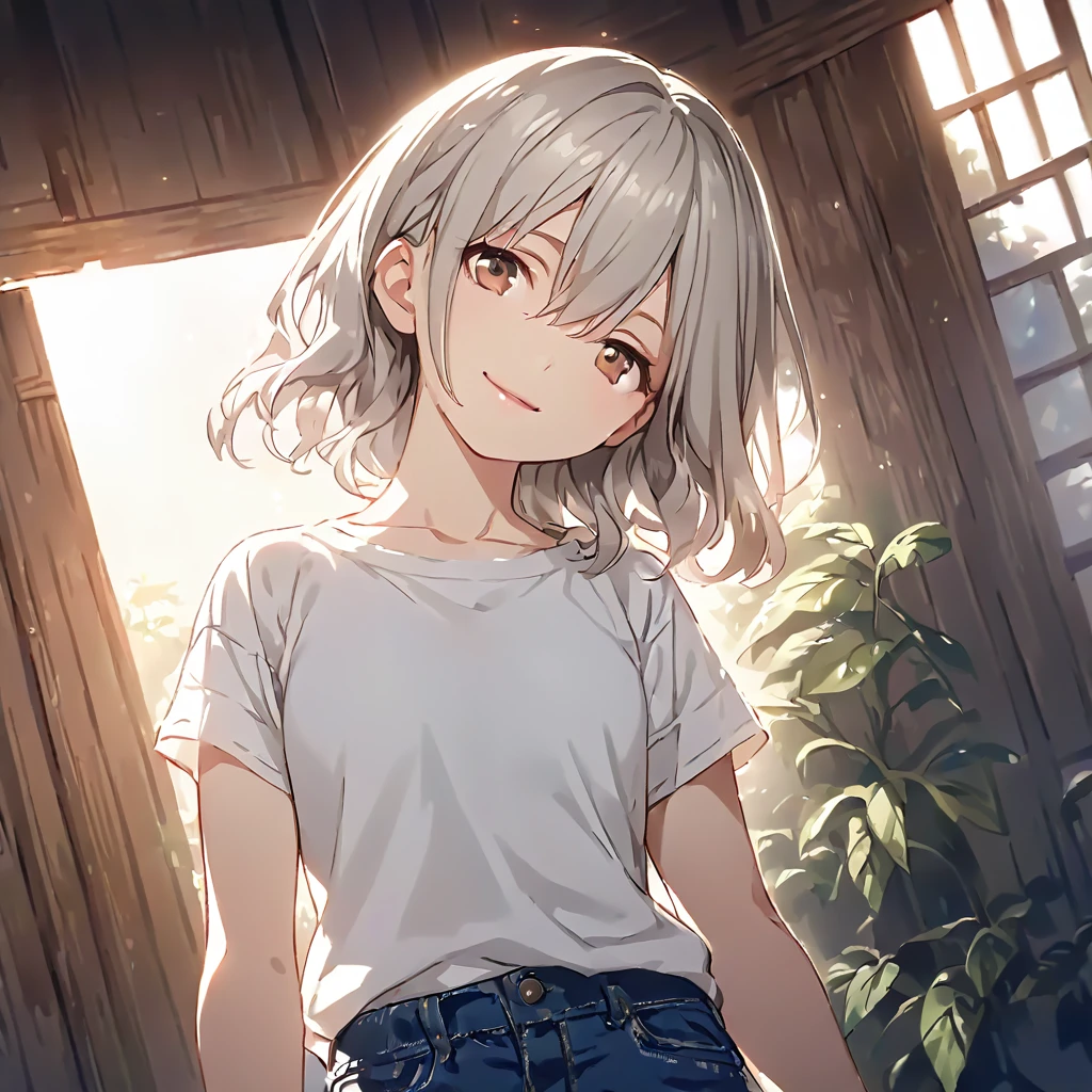 (Cute a girl:1.5), (a girl with silver middle hair, Hair between the eyes, brown eyes, white T-shirt.jeans pants:1.4), anime visual, (tilt head:1.3), realistic lighting and shading, (an extremely delicate and beautiful art:1.3),cowboy shot,smilng,