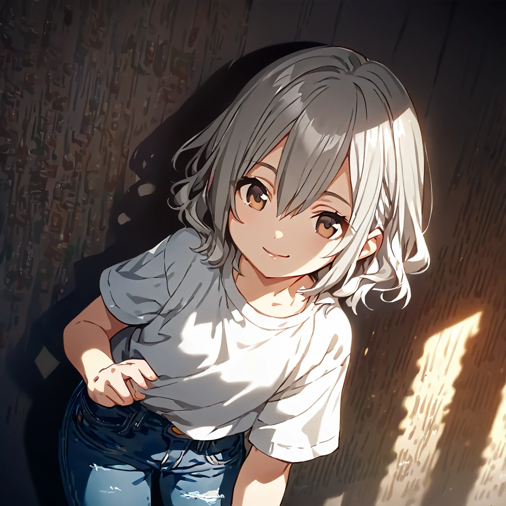 (Cute a girl:1.5), (a girl with silver middle hair, Hair between the eyes, brown eyes, white T-shirt.jeans pants:1.4), anime visual, (tilt head:1.3), realistic lighting and shading, (an extremely delicate and beautiful art:1.3),cowboy shot,smilng,