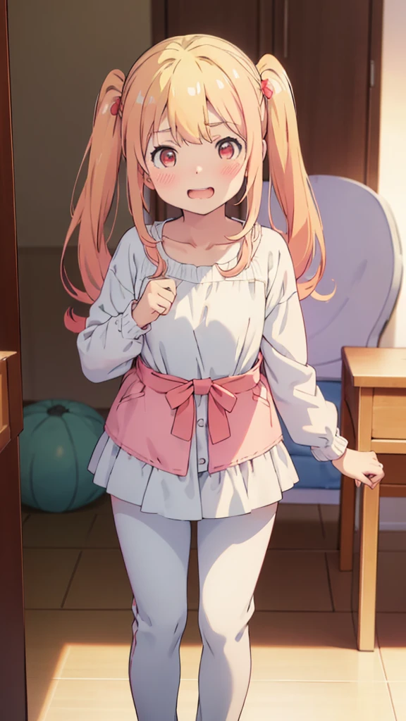 ((masterpiece))((Highest quality))girl、Laughing with your mouth open、blush、Flat Chest、Are thin、Blonde Hair、blush、Are standing、Whole body image、Eye level on face、、No background、Hair is two colors、Twin tails、Red Eyes、Two-tone red and yellow hair、Joy Pose、White pants