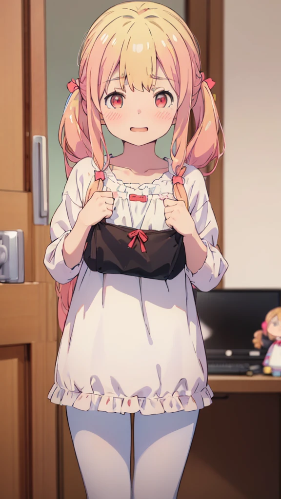 ((masterpiece))((Highest quality))girl、Laughing with your mouth open、blush、Flat Chest、Are thin、Blonde Hair、blush、Are standing、Whole body image、Eye level on face、、No background、Hair is two colors、Twin tails、Red Eyes、Two-tone red and yellow hair、Joy Pose、White pants