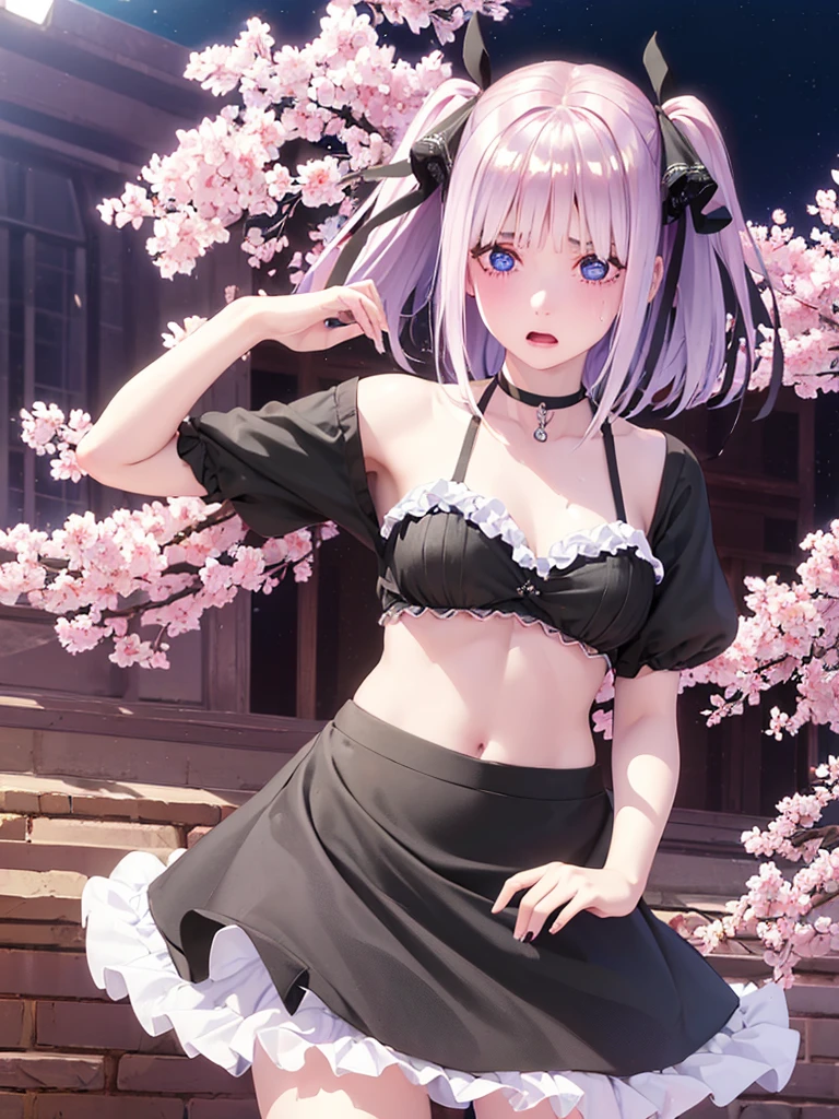One Girl, Glowing Skin, 最high quality, (Game CG:1.4), Browsing Caution, Beautiful face and eyes in every detail、Tiny Lingerie, strict, ample breasts、((最high quality)), (Very detailed), (Very detailed CG 統合 8k 壁紙), Very detailed, High resolutionのRAWカラー写真, Professional photography,From below, ((Embarrassed face)))、(((Anguished expression)))、Glare, anger、 Full Shot、 最high quality, masterpiece:1.5), (Realistic, 私ntricate details:1.2), 超High resolution, (high quality, High resolution, Finer details), alone, Curvy Women, blush, Sweat, Oily skin, Shallow depth of field,(masterpiece、最high quality、High resolution、unity 8k wallpaper、Very detailedCG:1)、(Consciousness upward:1.0)、One Girl、最high quality、8Kmasterpiece、((software)), (18-year-old female, Beautiful detailed woman, ,(Micro Mini Skirt), ((With a shy look:1.5)), Hard nipples, Narrow waist, , Ultra mini skirt, ((Black Pantyhose)),Looking down,blue eyes, hair ornaments, Hair Ribbon,Show your forehead、Twin tails、Random colored see-through uniform、Lace choker, short hair,,No bra,,Very detailedな肌, Realistic texture、Very detailedな顔, (Beautiful Fine Eyes, ,The girl has a toned figure., 大量のSweatをかく、Sweatで濡れた髪、Sweatで透ける服、Sweatだく、目立つSweat、Sweatでぬれた髪、Athlete System、Cherry blossoms fluttering down、Silver Hair、Night cityscape。Reflection of light、moonlight
