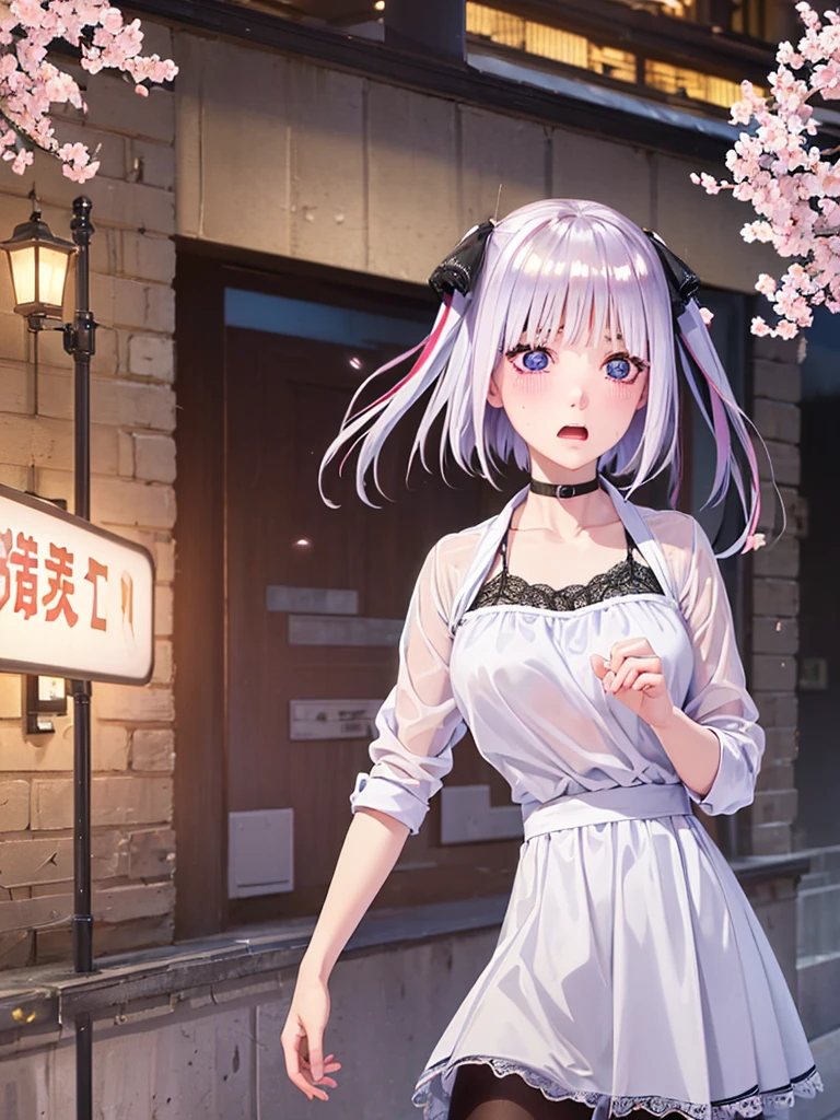 One Girl, Glowing Skin, 最high quality, (Game CG:1.4), Browsing Caution, Beautiful face and eyes in every detail、Tiny Lingerie, strict, ample breasts、((最high quality)), (Very detailed), (Very detailed CG 統合 8k 壁紙), Very detailed, High resolutionのRAWカラー写真, Professional photography,From below, ((Embarrassed face)))、(((Anguished expression)))、Glare, anger、 Full Shot、 最high quality, masterpiece:1.5), (Realistic, 私ntricate details:1.2), 超High resolution, (high quality, High resolution, Finer details), alone, Curvy Women, blush, Sweat, Oily skin, Shallow depth of field,(masterpiece、最high quality、High resolution、unity 8k wallpaper、Very detailedCG:1)、(Consciousness upward:1.0)、One Girl、最high quality、8Kmasterpiece、((software)), (18-year-old female, Beautiful detailed woman, ,(Micro Mini Skirt), ((With a shy look:1.5)), Hard nipples, Narrow waist, , Ultra mini skirt, ((Black Pantyhose)),Looking down,blue eyes, hair ornaments, Hair Ribbon,Show your forehead、Twin tails、Random colored see-through uniform、Lace choker, short hair,,No bra,,Very detailedな肌, Realistic texture、Very detailedな顔, (Beautiful Fine Eyes, ,The girl has a toned figure., 大量のSweatをかく、Sweatで濡れた髪、Sweatで透ける服、Sweatだく、目立つSweat、Sweatでぬれた髪、Athlete System、Cherry blossoms fluttering down、Silver Hair、Night cityscape。Reflection of light、moonlight