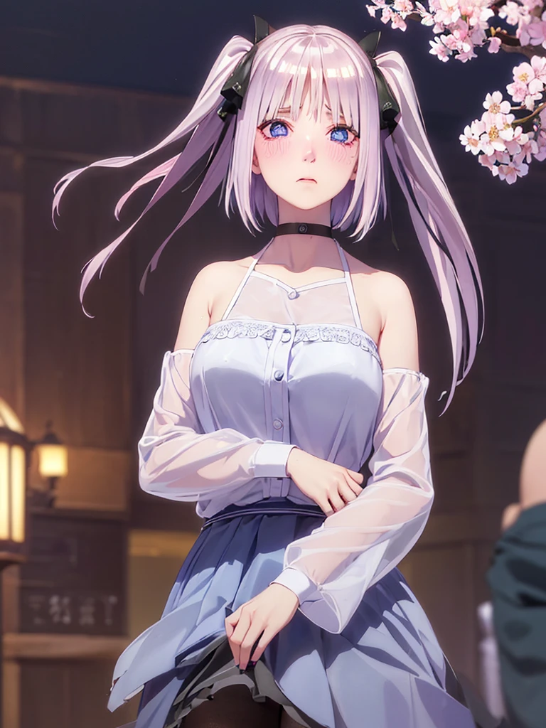 One Girl, Glowing Skin, 最high quality, (Game CG:1.4), Browsing Caution, Beautiful face and eyes in every detail、Tiny Lingerie, strict, ample breasts、((最high quality)), (Very detailed), (Very detailed CG 統合 8k 壁紙), Very detailed, High resolutionのRAWカラー写真, Professional photography,From below, ((Embarrassed face)))、(((Anguished expression)))、Glare, anger、 Full Shot、 最high quality, masterpiece:1.5), (Realistic, 私ntricate details:1.2), 超High resolution, (high quality, High resolution, Finer details), alone, Curvy Women, blush, Sweat, Oily skin, Shallow depth of field,(masterpiece、最high quality、High resolution、unity 8k wallpaper、Very detailedCG:1)、(Consciousness upward:1.0)、One Girl、最high quality、8Kmasterpiece、((software)), (18-year-old female, Beautiful detailed woman, ,(Micro Mini Skirt), ((With a shy look:1.5)), Hard nipples, Narrow waist, , Ultra mini skirt, ((Black Pantyhose)),Looking down,blue eyes, hair ornaments, Hair Ribbon,Show your forehead、Twin tails、Random colored see-through uniform、Lace choker, short hair,,No bra,,Very detailedな肌, Realistic texture、Very detailedな顔, (Beautiful Fine Eyes, ,The girl has a toned figure., 大量のSweatをかく、Sweatで濡れた髪、Sweatで透ける服、Sweatだく、目立つSweat、Sweatでぬれた髪、Athlete System、Cherry blossoms fluttering down、Silver Hair、Night cityscape。Reflection of light、moonlight
