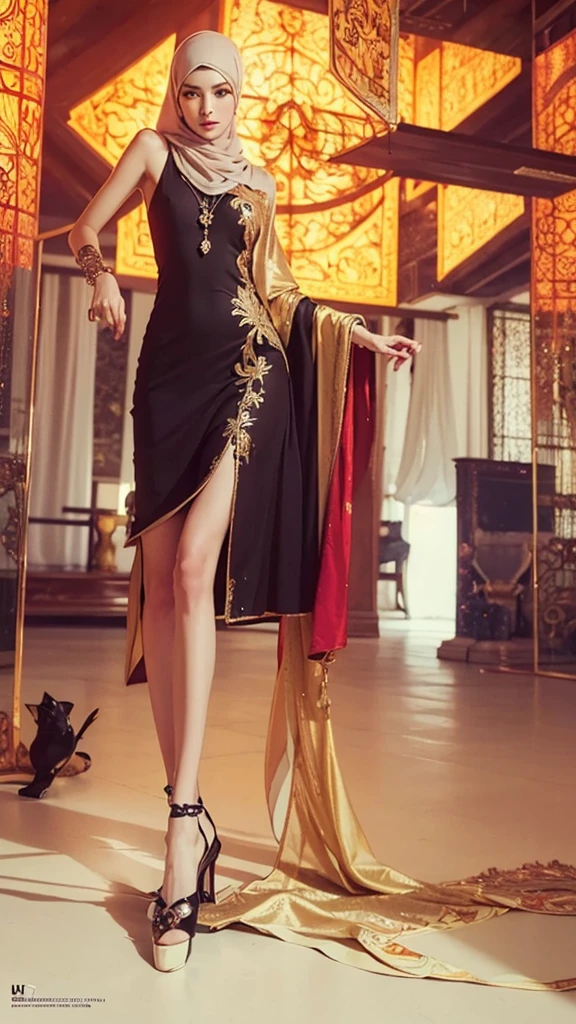 a super tall muslim girl, 1girl, beautiful detailed eyes, beautiful detailed lips, extremely detailed face and features, longeyelashes, hijab, long flowing dress, intricate embroidery, ornate jewelry, serene expression, natural lighting, photorealistic, 8k, (best quality,4k,8k,highres,masterpiece:1.2),ultra-detailed,(realistic,photorealistic,photo-realistic:1.37),HDR,UHD,studio lighting,ultra-fine painting,sharp focus,physically-based rendering,extreme detail description,professional,vivid colors,portrait