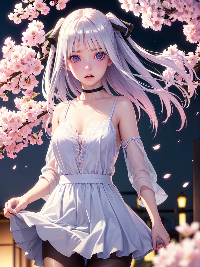 One Girl, Glowing Skin, 最high quality, (Game CG:1.4), Browsing Caution, Beautiful face and eyes in every detail、Tiny Lingerie, strict, ample breasts、((最high quality)), (Very detailed), (Very detailed CG 統合 8k 壁紙), Very detailed, High resolutionのRAWカラー写真, Professional photography,From below, ((Embarrassed face)))、(((Anguished expression)))、Glare, anger、 Full Shot、 最high quality, masterpiece:1.5), (Realistic, 私ntricate details:1.2), 超High resolution, (high quality, High resolution, Finer details), alone, Curvy Women, blush, Sweat, Oily skin, Shallow depth of field,(masterpiece、最high quality、High resolution、unity 8k wallpaper、Very detailedCG:1)、(Consciousness upward:1.0)、One Girl、最high quality、8Kmasterpiece、((software)), (18-year-old female, Beautiful detailed woman, ,(Micro Mini Skirt), ((With a shy look:1.5)), Hard nipples, Narrow waist, , Ultra mini skirt, ((Black Pantyhose)),Looking down,blue eyes, hair ornaments, Hair Ribbon,Show your forehead、Twin tails、Random colored see-through  uniform、Lace choker, short hair,,No bra,,Very detailedな肌, Realistic texture、Very detailedな顔, (Beautiful Fine Eyes, ,The girl has a toned figure., 大量のSweatをかく、Sweatで濡れた髪、Sweatで透ける服、Sweatだく、目立つSweat、Sweatでぬれた髪、Athlete System、Cherry blossoms fluttering down、Silver Hair、Night cityscape。Reflection of light、moonlight