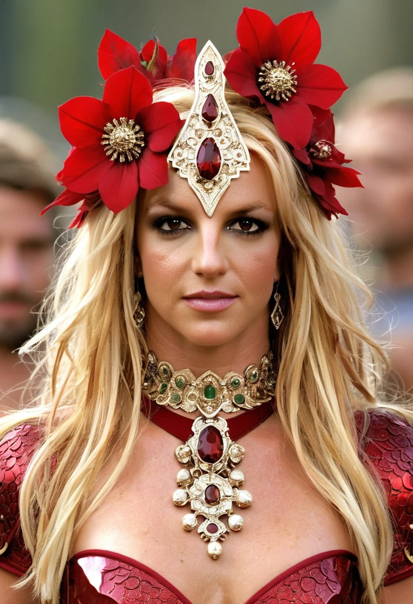 britney spears in a red costume with a red flower on her head, ornate cosplay, ornate dark red opulent clothing, lady in red armor, intricate costume design, wearing an ornate outfit, red adornments, red adornments, inspired by Hedi Xandt, beautiful and elegant demon queen, redhead queen in heavy red armor, jewelry costume. best qualityer, realisitic, realisitic, award-winning illustration, (Highly detailed face and skin texture), (fully body), (Complicated Detail: 1.2), (finely detail), (Complicated Detail), (Cinematic Lights, luz de fundo de best qualityer), Sharp lines, sharp focus, offcial art, unity 8k wallpaper , absurdrez, unbelievably absurd, huge filesize, ultra- , Fantasyart, RTX,((Closing-up photo by award-winning studio)), , (Shut your mouth), , perfect hands, beautiful detailed eyes, face perfect