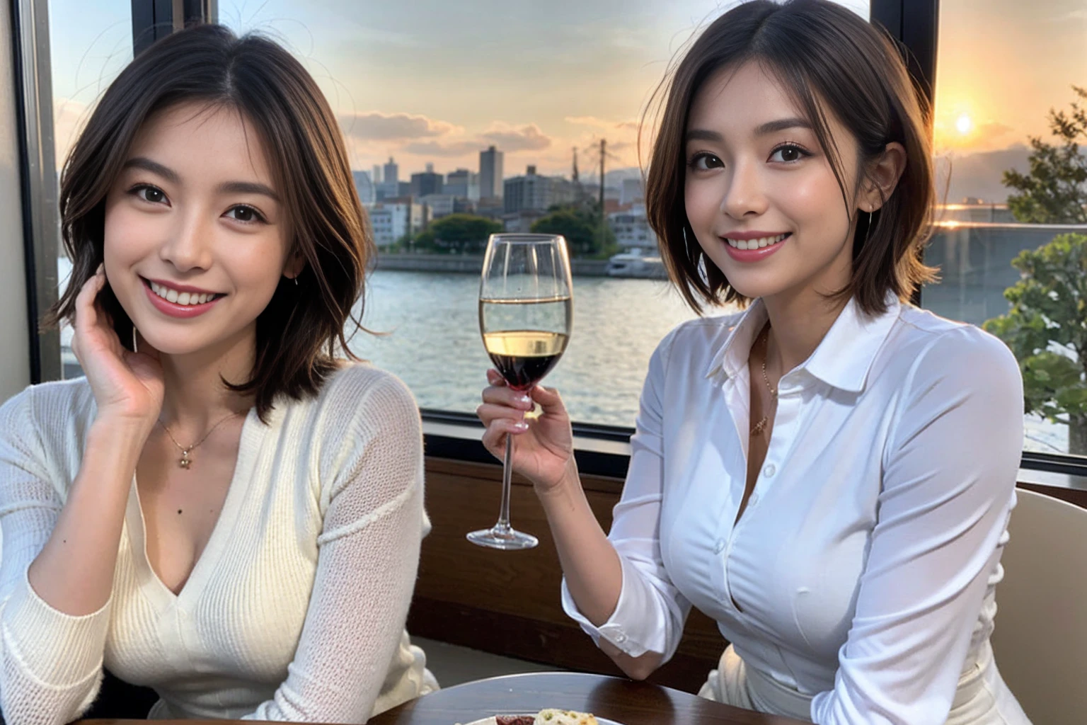 (Realistic:1.1),(masterpiece,Highest quality),8k,(44 years old), 42 years old, slimカップル、Model Couple、actress/actor、Tight waist,Upper Body,full-course dinner、wine 、Amazing view of the sunset sky and clouds、Perfect Anatomy, Brown Hair, short hair,Random Hairstyles,((Highly detailed face and eyes:1.2))(cute顔:1.4),美しいactressの顔,Perfect golden ratio face,Long sleeve shirt、dress,(smile:1.2)、Shortcuts、cute、(Realistic, Intricate details:1.2), A bright smile、short hair,Bright Face、赤wine 、Appetizers、Italian food、wine bottle、Champagne、スパークリングwine、(slimな顔), (The body is slim), (Brown Hair), (Shortcuts), Upper Body, 白wine, slim, wineグラス,