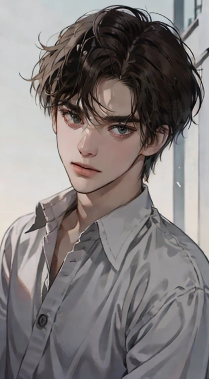 masutepiece, Best Quality, Realistic, 1man, matured male, Quiet and charming young man, 25 years old, closing eye, Serious look, extra detailed face, ((dark grey eyes)), ((Short right sweep dark brown hair)), [Thick eyebrows], detective, Plain background, ((Suit)), Cinematic lighting, gaze at the audience, Postural dynamics