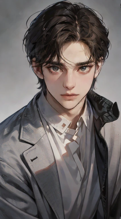 masutepiece, Best Quality, Realistic, 1man, matured male, Quiet and charming young man, 25 years old, closing eye, Serious look, extra detailed face, ((dark grey eyes)), ((Short right sweep dark brown hair)), [Thick eyebrows], detective, Plain background, ((Suit)), Cinematic lighting, gaze at the audience, Postural dynamics