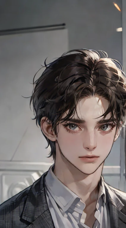 masutepiece, Best Quality, Realistic, 1man, matured male, Quiet and charming young man, 25 years old, closing eye, Serious look, extra detailed face, ((dark grey eyes)), ((Short right sweep dark brown hair)), [Thick eyebrows], detective, Plain background, ((Suit)), Cinematic lighting, gaze at the audience, Postural dynamics