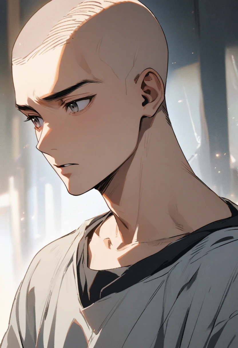 young man's face, front view, shaved head,