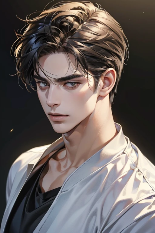 (Best quality,4K,8K,a high resolution,masterpiece:1.2),ultra detailed,(realistic,photorealistic,photo-realistic:1.37),39 year old man,Beautiful anime,portraits,strong,masculine,dark hair,Sharp jawline,Mesmerizing eyes,Perfectly styled hair,confident expression,bright colors,dynamic lighting,Brown eyes,(Black T-shirt),(dark skin),((mature man, man 40 years old)), (square jaw)