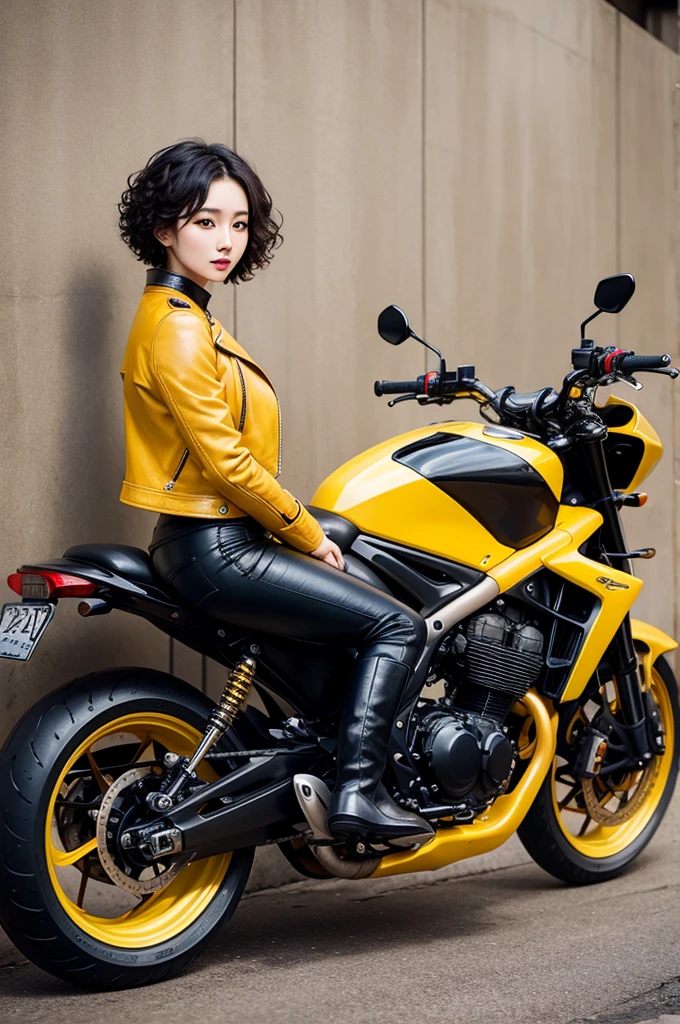 Beautiful Chinese Woman with Short Curly Hair, with leather boots, Leather Pants and Leather Jacket, With A Yellow Motorbike, With Realistic Great Wall Background