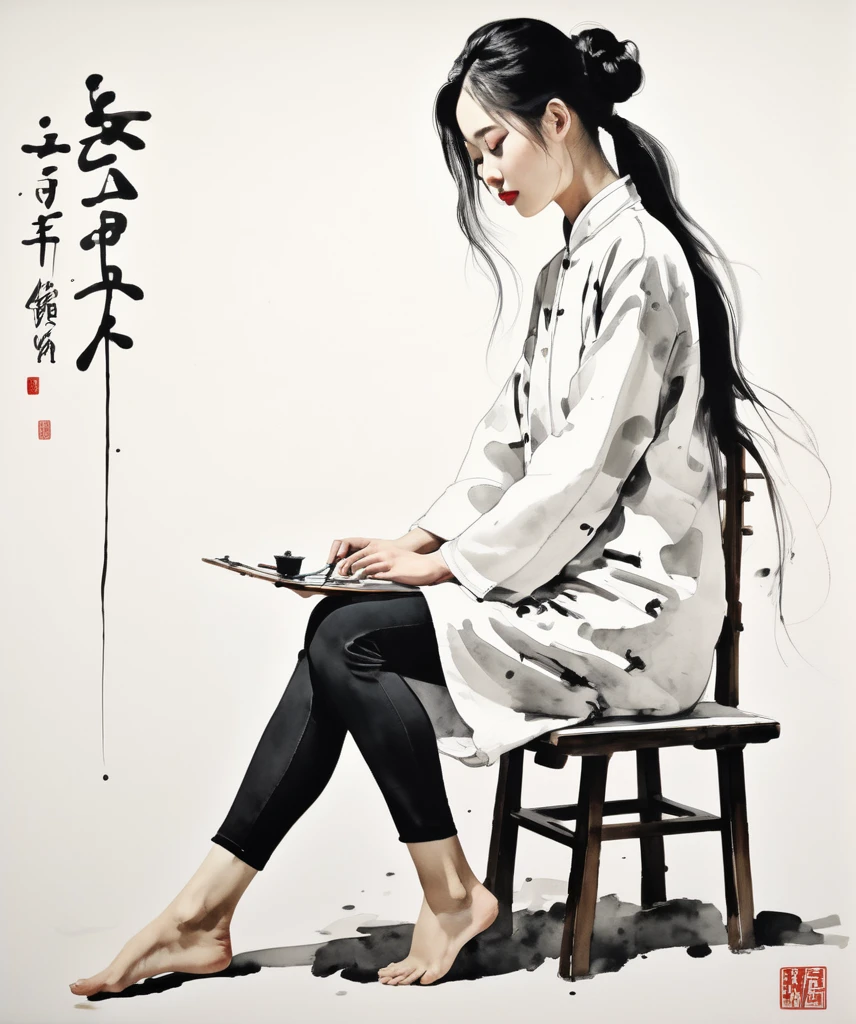 Wu Guanzhong Style - A beautiful painting by Wu Guanzhong, Traditional Chinese ink painting , Beautiful 18 year old girl, Model taking photo, studio, glamour posture,whole body, foot, posture, Delicate eyes, Perfect anatomical structure,