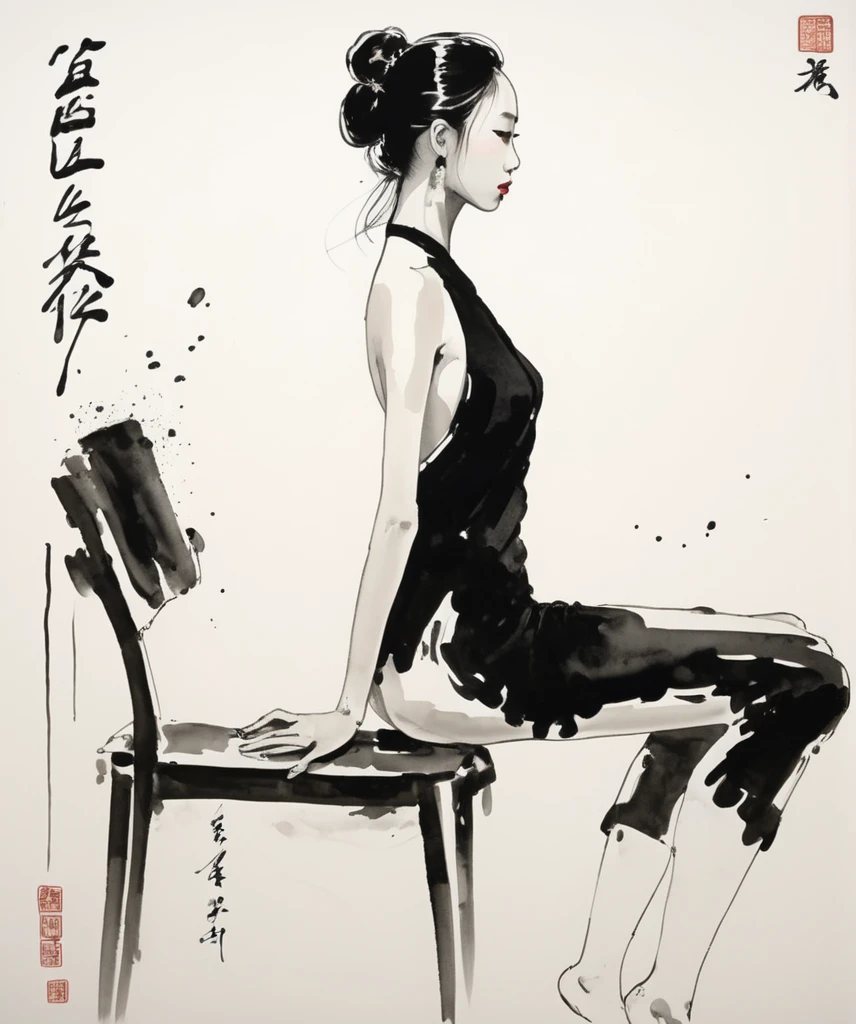 Wu Guanzhong Style - A beautiful painting by Wu Guanzhong, Traditional Chinese ink painting , Beautiful 18 year old girl, Model taking photo, studio, glamour posture,whole body, foot, posture, Delicate eyes, Perfect anatomical structure,