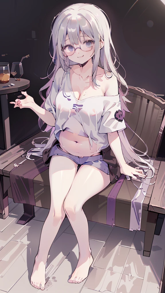 
(Cafe Background:1.5), chair, (chair에 앉아 있는:1.5), window, (morning, sunlight:1.5), (Beautiful shades:1.5), (Holding the belly with both hands:1.5), (dynamic angle:1.5), [ 4k digital art ]!!,(big bust, prominent cleavage:1.5), (Black eyes with a slight purple tint:1.5), (a devastated expression, dead eyes, dark atmosphere:1.5), (white hair, long hair, weak perm:1.5), (oversized shirt, hot pants, :1.5), (bare foot, round-rimmed glasses:1.5), (Aegyo belly fat:1.5), (smiling faintly:1.5),(thin legs, thin:1.5)