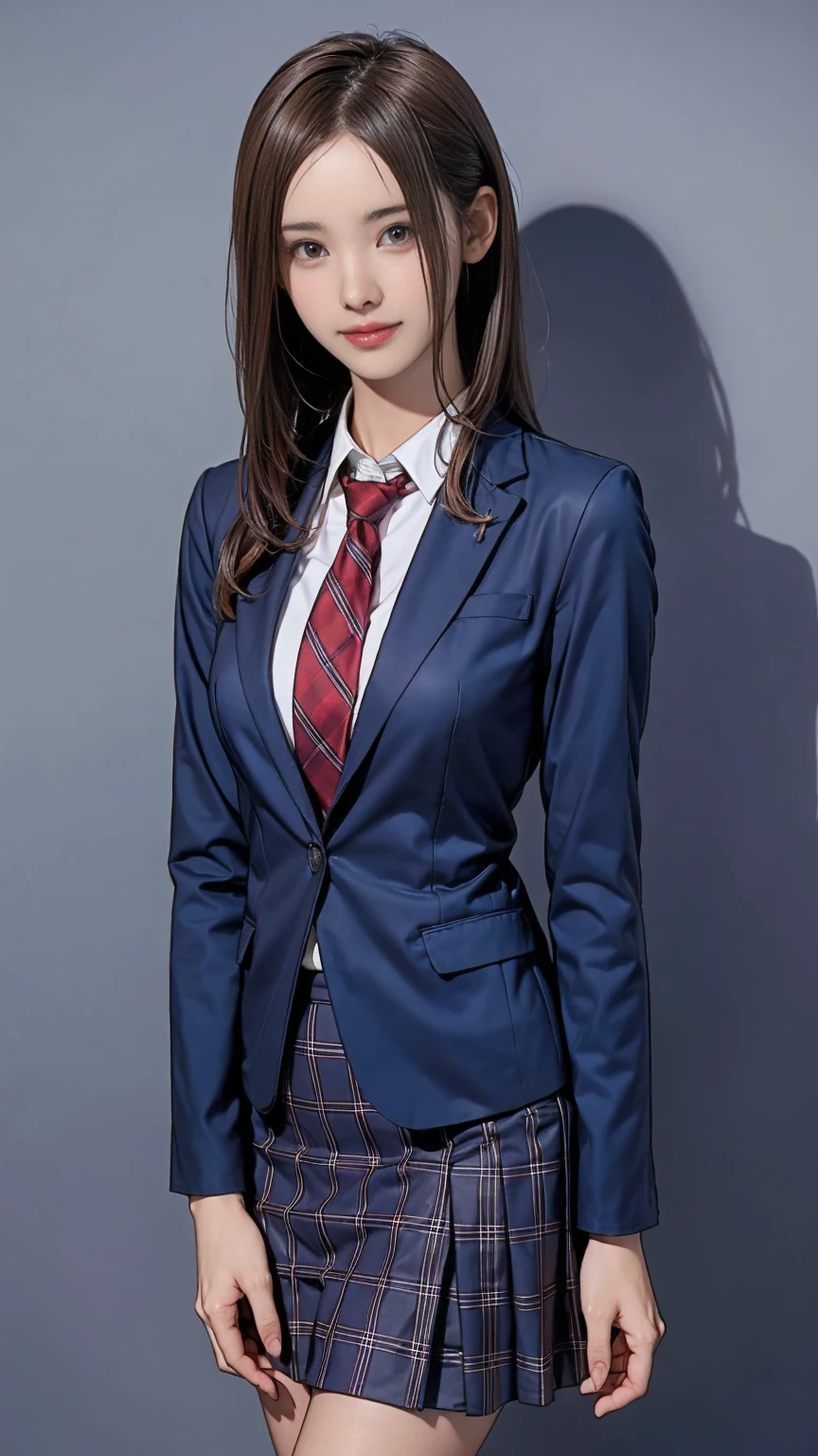 ((masterpiece)),(((best quality))),thin thighs,long legs,girl standing in school,red tie uniform,dark blue blazer,blue plaid skirt,18 years old,forehead,small smile,random pause,Pretty Woman,slim girl,