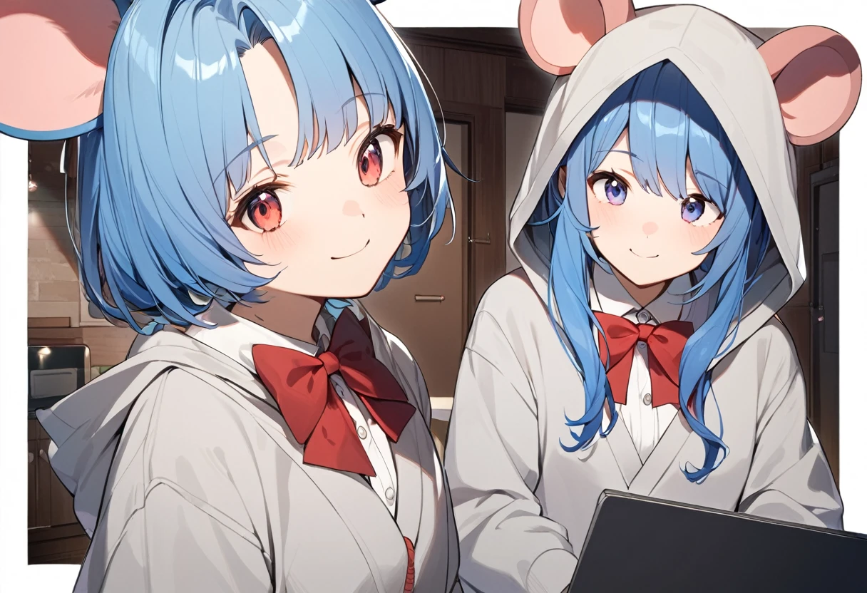 ((1girl)), face shot, Blue Hair Girl, Hoodie with hood, {gray hoodie, hood up,Hood with big mouse ears}, High , {White collared shirt, Red bow tie、Pleated skirt},smile, Walking with a closed laptop、Black laptop、Inside the house