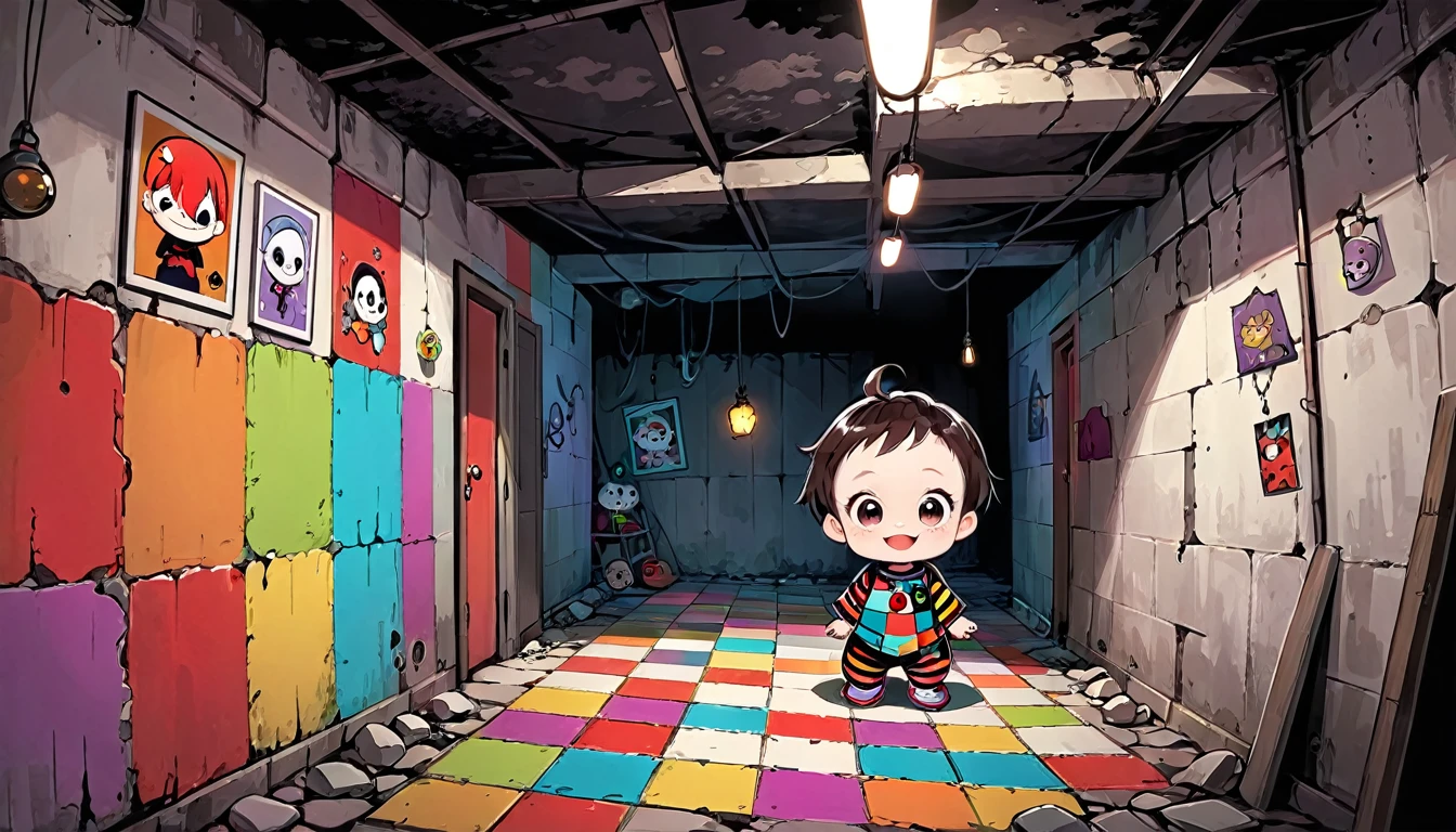 dark barred basement, a cute baby with evil smile, poorly drawn cartoon-style images, colorful patchwork of contrast magic