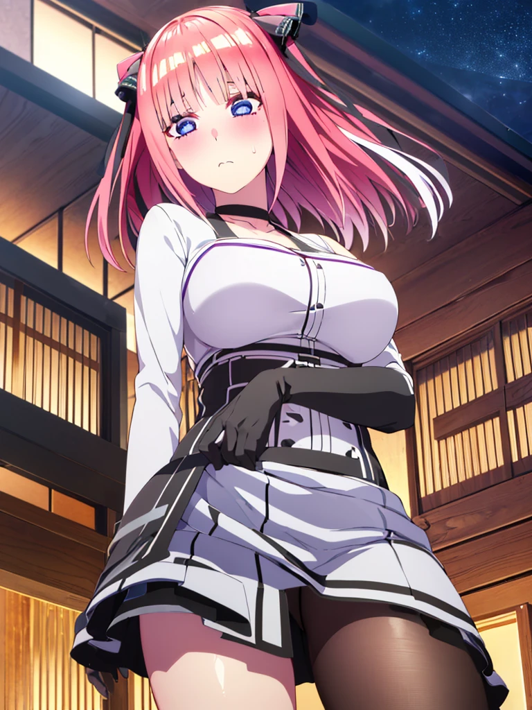 One Girl, Glowing Skin, 最high quality, (Game CG:1.4), Browsing Caution, Beautiful face and eyes in every detail、Tiny Lingerie, strict, ample breasts、((最high quality)), (Very detailed), (Very detailed CG 統合 8k 壁紙), Very detailed, High resolutionのRAWカラー写真, Professional photography,From below, ((Embarrassed face)))、(((Anguished expression)))、Glare, anger、 Full Shot、 最high quality, masterpiece:1.5), (Realistic, 私ntricate details:1.2), 超High resolution, (high quality, High resolution, Finer details), alone, Curvy Women, blush, Sweat, Oily skin, Shallow depth of field,(masterpiece、最high quality、High resolution、unity 8k wallpaper、Very detailedCG:1)、(Consciousness upward:1.0)、One Girl、最high quality、8Kmasterpiece、((software)), (18-year-old female, Beautiful detailed woman, ,(Micro Mini Skirt), ((With a shy look:1.5)), Hard nipples, Narrow waist, , Ultra mini skirt, ((Black Pantyhose)),Looking down,blue eyes, hair ornaments, Hair Ribbon,Show your forehead、Twin tails、Random colored see-through  uniform、Lace choker, short hair,,No bra,,Very detailedな肌, Realistic texture、Very detailedな顔, (Beautiful Fine Eyes, ,The girl has a toned figure., 大量のSweatをかく、Sweatで濡れた髪、Sweatで透ける服、Sweatだく、目立つSweat、Sweatでぬれた髪、Athlete System、Cherry blossoms fluttering down、Silver Hair、Night cityscape。Reflection of light、moonlight