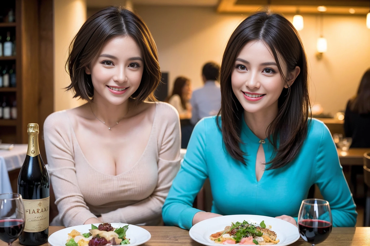 (Realistic:1.1),(masterpiece,Highest quality),8k,(44 years old), 42 years old, slimカップル、Model Couple、actress/actor、Tight waist,Upper Body,full-course dinner、wine 、Amazing view of the sunset sky and clouds、Perfect Anatomy, Brown Hair, short hair,Random Hairstyles,((Highly detailed face and eyes:1.2))(cute顔:1.4),美しいactressの顔,Perfect golden ratio face,Long sleeve shirt、dress,(smile:1.2)、Shortcuts、cute、(Realistic, Intricate details:1.2), A bright smile、short hair,Bright Face、赤wine 、Appetizers、Italian food、wine bottle、Champagne、スパークリングwine、(slimな顔), (The body is slim), (Brown Hair), (Shortcuts), Upper Body, 白wine, slim, wineグラス,