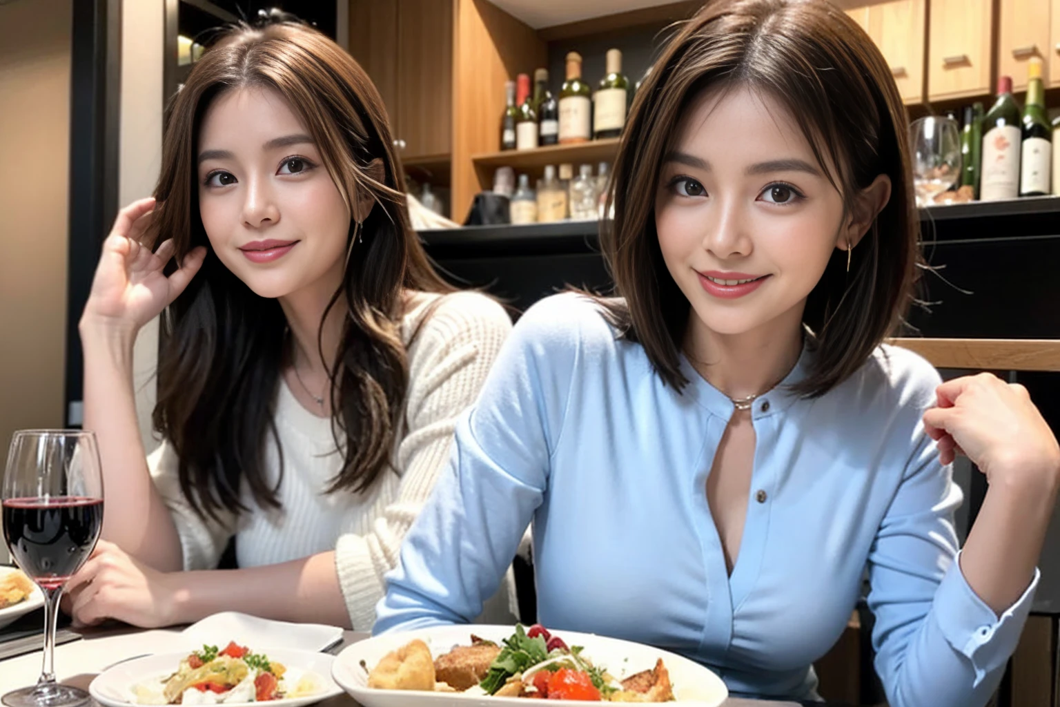 （Realistic:1.1）,(masterpiece,Highest quality)，8k,(44 years old), 42 years old, slimカップル、Model Couple、actress/actor、Tight waist,Upper Body,full-course dinner、wine 、Amazing view of the sunset sky and clouds、Perfect Anatomy, Brown Hair, short hair,Random Hairstyles,((Highly detailed face and eyes:1.2))(cute顔:1.4)，美しいactressの顔，Perfect golden ratio face，Long sleeve shirt、dress,(smile:1.2)、Shortcuts、cute、(Realistic, Intricate details:1.2), A bright smile、short hair,Bright Face、赤wine 、Appetizers、Italian food、wine bottle、Champagne、スパークリングwine、(slimな顔), (The body is slim), (Brown Hair), (Shortcuts),  Upper Body, 白wine, slim, wineグラス, 