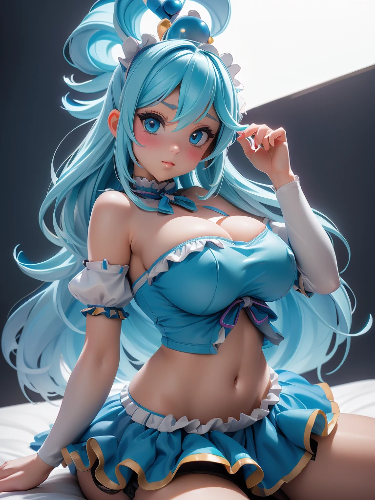 Aqua Konosuba, (create a beautiful maid with ((giant breasts:1,9)) wear puffy sleeves, Body, strapless bra and balloon skirt, inside the bedroom, bottom up doggy pose, sit on the chair ,Ray tracing, beautiful fingers, Beautiful hands, Full length photo shoot, Beautiful make-up, Ideal Anatomy, good lighting, professional photo shoot, photo of a low angel, Fresh lips, cg реалистичный, 8 K