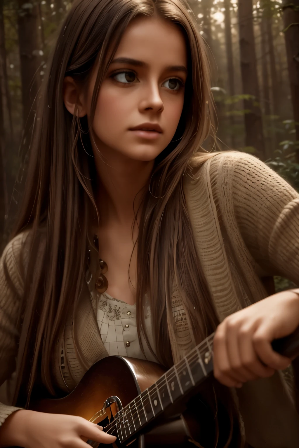 Create an awe-inspiring digital artwork that captures the serene beauty of an ancient forest at twilight. The scene should feature towering trees bathed in soft, golden light filtering through the foliage, casting gentle shadows on the lush undergrowth. a girl playing electric guitar,beautiful detailed eyes,beautiful detailed lips,extremely detailed eyes and face,longeyelashes,solo musician,electric guitar,rock music,stage performance,dramatic lighting,dark background,cinematic,photorealistic,studio lighting,8k,best quality,masterpiece,ultra-detailed,vibrant colors,dramatic shadows, The image should evoke a sense of tranquility and wonder, inviting viewers to immerse themselves in the enchanting realm of nature.