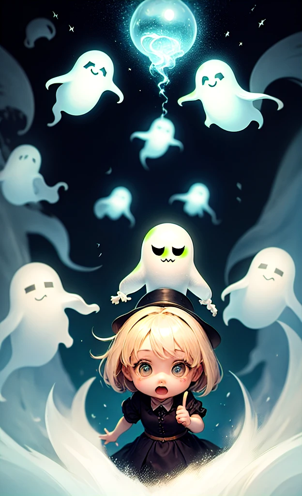 masterpiece, Highest quality,  Explore a haunted theme park, haunted by cute chibi ghosts, cute, Whimsical, Shine, Shineing, fun, Stupid, Mysterious, Magic, Mysterious, funny, interesting、Only ghosts