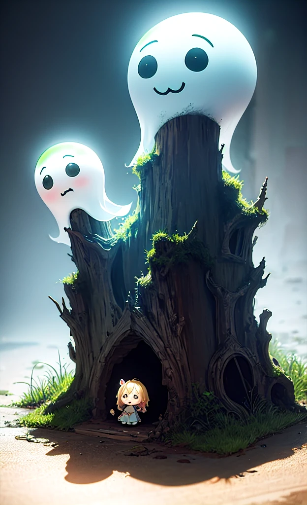 masterpiece, Highest quality, Explore a haunted theme park, haunted by cute chibi ghosts, cute, Whimsical, Shine, Shineing, fun, Stupid, Mysterious, Magic, Mysterious, funny, interesting、Only ghosts