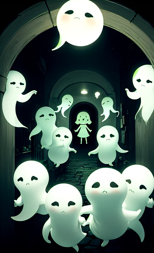 masterpiece, Highest quality, Explore a haunted theme park, haunted by cute chibi ghosts, cute, Whimsical, Shine, Shineing, fun, Stupid, Mysterious, Magic, Mysterious, funny, interesting、Only ghosts