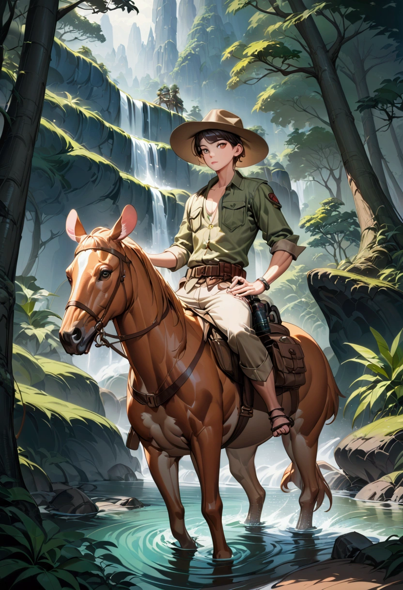 1boy, adventurous jungle explorer, Jungle Adventure, anthropomorphic cute little mouse dressed like "Indiana jones" riding in the saddle on large duck down rapids down mountain stream. saddle bags, bed roll, camping gear, in jungle insanely detailed matte painting by Wadim Kashin, James Gurney, 16k resolution, fine art, natural light, masterpiece, best quality, very aesthetic, absurdres