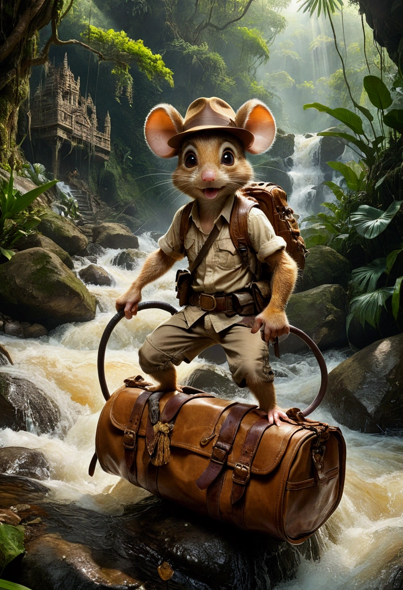 1boy, adventurous jungle explorer, Jungle Adventure, anthropomorphic cute little mouse dressed like "Indiana jones" riding in the saddle on large duck down rapids down mountain stream. saddle bags, bed roll, camping gear, in jungle insanely detailed matte painting by Wadim Kashin, James Gurney, 16k resolution, fine art, natural light, masterpiece, best quality, very aesthetic, absurdres