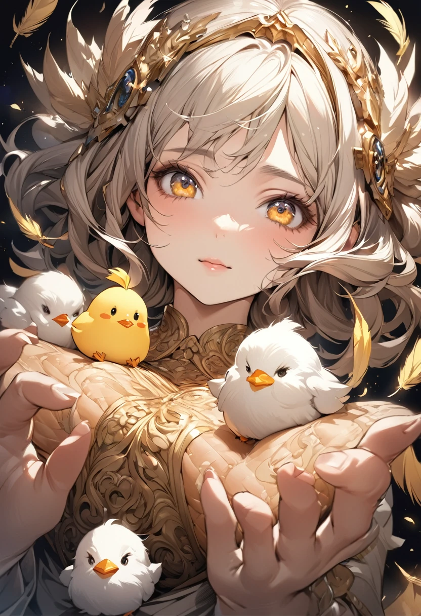 masterpiece、Highest quality、High resolution、High-quality images、8k, 1 female、Skin Radiance、Skin Texture、Expression of fine eyes, realism, detailed manga style, Manga art style, Perfect line drawing, Beautiful line art, digital manga art girl, clear,  charm, Front view, (Perfectly detailed face), (Beautiful Hands) 、(Five Fingers:1.3)、Photorealistic images, Written boundary depth,
a highly detailed and realistic illustration of a cute baby chick, with large, expressive eyes, a small beak, and fluffy yellow feathers. The chick should have a soft, endearing expression and be rendered with exceptional detail and precision.
key parameters: