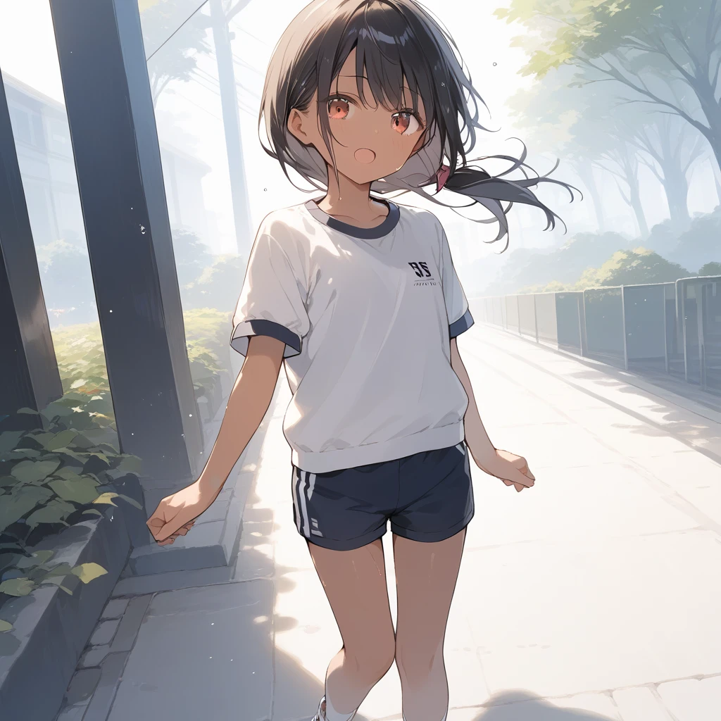score_9, score_8_up, score_7_up, source_anime, best quality, masterpiece, official art, absurdres, highres, ultra-detailed,waifu2x,Collection: Slice of Life,break,1girl, tomboy, dark-skinned female, short hair, low ponytail, flat chest, beautiful detailed eyes, gym uniform, gym shorts, sweat, open mouth, (yawn:0.3), sleepily, outdoors, park, wind,break,(clear line illustration:1.2), super detailed skin,very high resolution, very aesthetic, Best sexual lighting powered by famous artist, 8k,cute picture,beauty illustration,photoshop_(medium),,(Detailed Lighting),best anime 8k konachan wallpaper, pixiv contest winner,