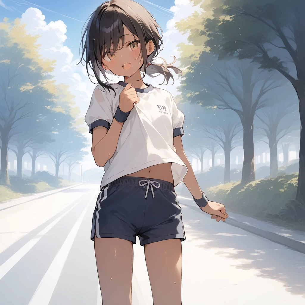 score_9, score_8_up, score_7_up, source_anime, best quality, masterpiece, official art, absurdres, highres, ultra-detailed,waifu2x,Collection: Slice of Life,break,1girl, tomboy, dark-skinned female, short hair, low ponytail, flat , beautiful detailed eyes, gym uniform, gym shorts, sweat, open mouth, (yawn:0.3), sleepily, outdoors, park, wind,break,(clear line illustration:1.2), super detailed skin,very high resolution, very aesthetic, Best  lighting powered by famous artist, 8k,cute picture,beauty illustration,photoshop_(medium),,(Detailed Lighting),best anime 8k konachan wallpaper, pixiv contest winner, 