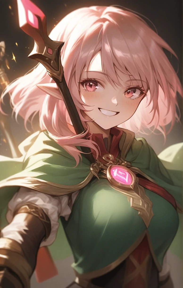 elf, woman, dnd, pink hair, adventurer, green cloak, elegant, wield staff, sun light, bust shot, smile
