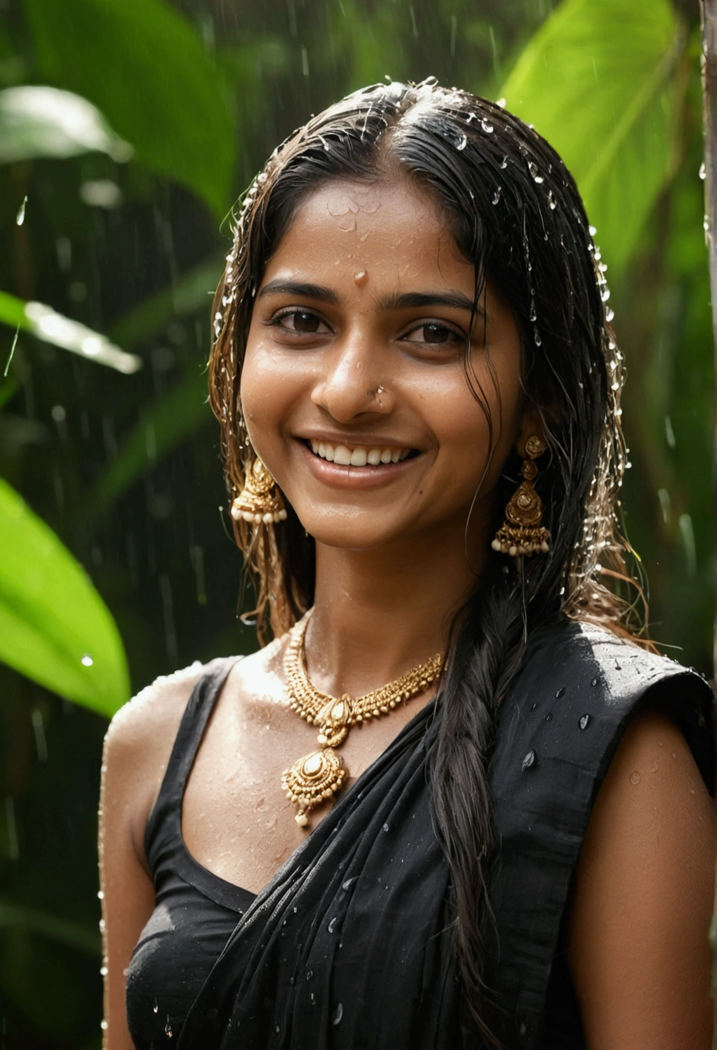 1girl, long hair, medium breast, black shirt, light smile, detailed skin, pore, simple background, wearing saari, Indian, in jungle, droplets on face, light showers, sunlight on face, beautiful teeth