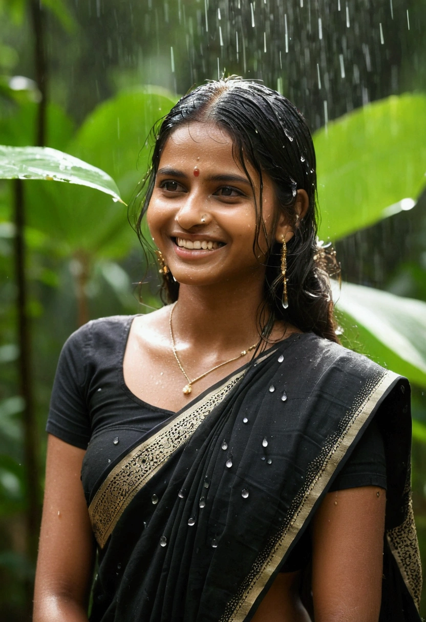 1girl, long hair, medium breast, black shirt, light smile, detailed skin, pore, simple background, wearing saari, Indian, in jungle, droplets on face, light showers, sunlight on face, beautiful teeth 