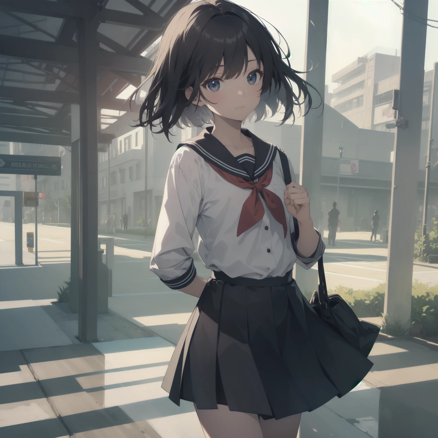 ultra-absurdres-Top quality by artist God, ultra-detailed, high resolution, anime moe artstyle, best anime 8k konachan wallpaper, pixiv contest winner, pool:2810, perfect anatomy,break, 1girl, (Please draw a girl walking sleepily to school alone. )break,(Solo,little female, 13-year-old:1.3),Full limbs, complete fingers,a junior high school student, (very short hair), short cut, flat chest, , small butt, small black eyes, beautiful detailed eyes, well-proportioned iris and pupils, expressive eyes, highres detailed hair, soft expression, salor school_uniform, sailor collar, serahuku, bow, pleated skirt,(Detailed Lighting), (Detailed background), in the School commute route. break,super detailed skin, Best cinematic lighting powered by famous artist, 8k,beauty illustration,photoshop_(medium),very aesthetic,break,((artist:kotorai )), artist:clamp ,artist:carnelian ,artist:kantoku ,