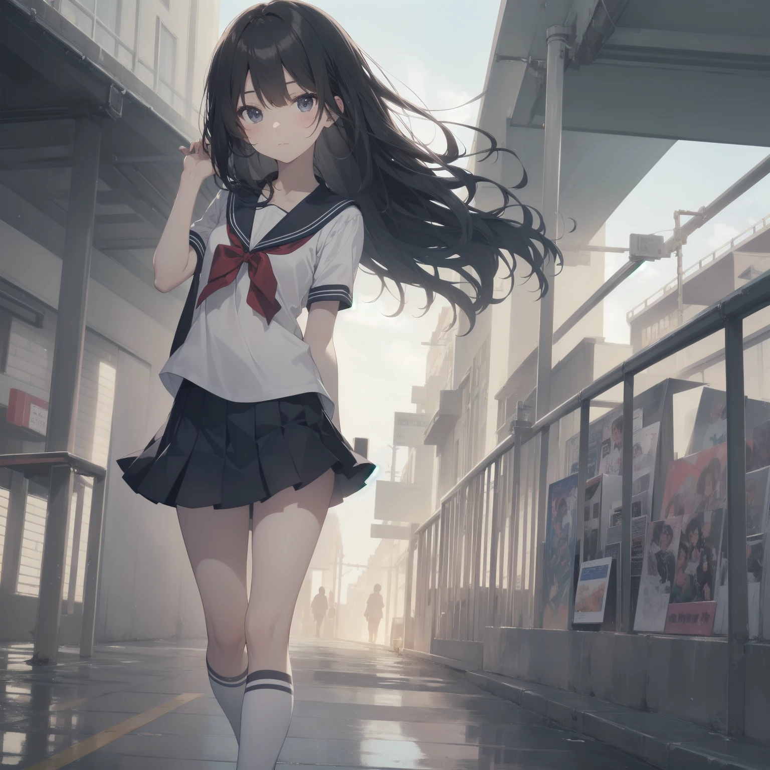 ultra-absurdres-Top quality by artist God, ultra-detailed, high resolution, anime moe artstyle, best anime 8k konachan wallpaper, pixiv contest winner, pool:2810, perfect anatomy,break, 1girl, (Please draw a girl walking sleepily to school alone. )break,(Solo,little female, 13-year-old:1.3),Full limbs, complete fingers,a junior high school student, (very short hair), short cut, flat chest, , small butt, small black eyes, beautiful detailed eyes, well-proportioned iris and pupils, expressive eyes, highres detailed hair, soft expression, salor school_uniform, sailor collar, serahuku, bow, pleated skirt,(Detailed Lighting), (Detailed background), in the School commute route. break,super detailed skin, Best cinematic lighting powered by famous artist, 8k,beauty illustration,photoshop_(medium),very aesthetic,break,((artist:kotorai )), artist:clamp ,artist:carnelian ,artist:kantoku ,