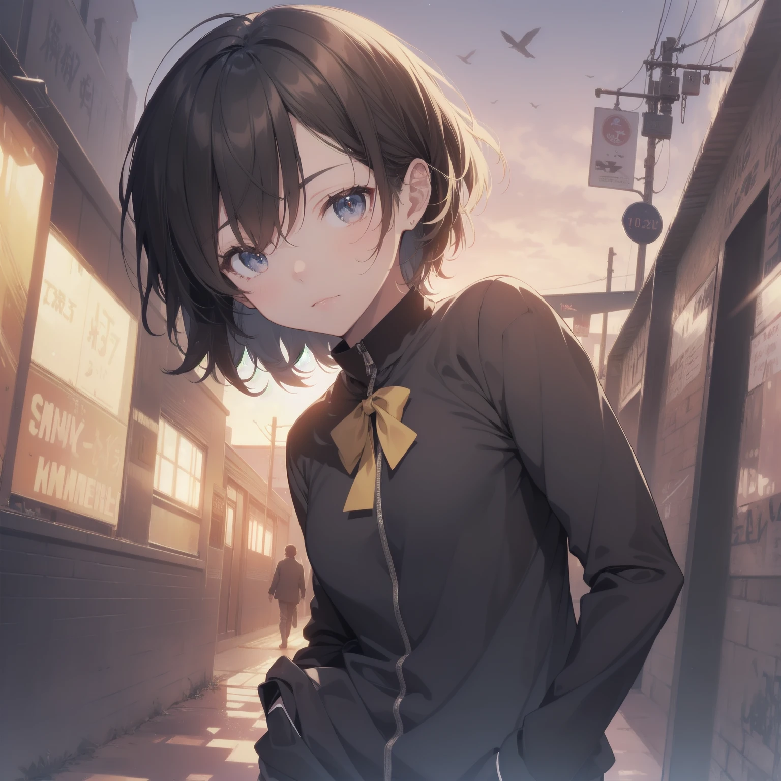 ultra-absurdres-Top quality by artist God, ultra-detailed, high resolution, anime moe artstyle, best anime 8k konachan wallpaper, pixiv contest winner, pool:2810, perfect anatomy,break, 1girl, (Please draw a girl walking sleepily to school alone. )break,(Solo,little female, 13-year-old:1.3),Full limbs, complete fingers,a junior high school student, (very short hair), short cut, flat chest, , small butt, small black eyes, beautiful detailed eyes, well-proportioned iris and pupils, expressive eyes, highres detailed hair, soft expression, salor school_uniform, sailor collar, serahuku, bow, pleated skirt,(Detailed Lighting), (Detailed background), in the School commute route. break,super detailed skin, Best cinematic lighting powered by famous artist, 8k,beauty illustration,photoshop_(medium),very aesthetic,break,((artist:kotorai )), artist:clamp ,artist:carnelian ,artist:kantoku ,