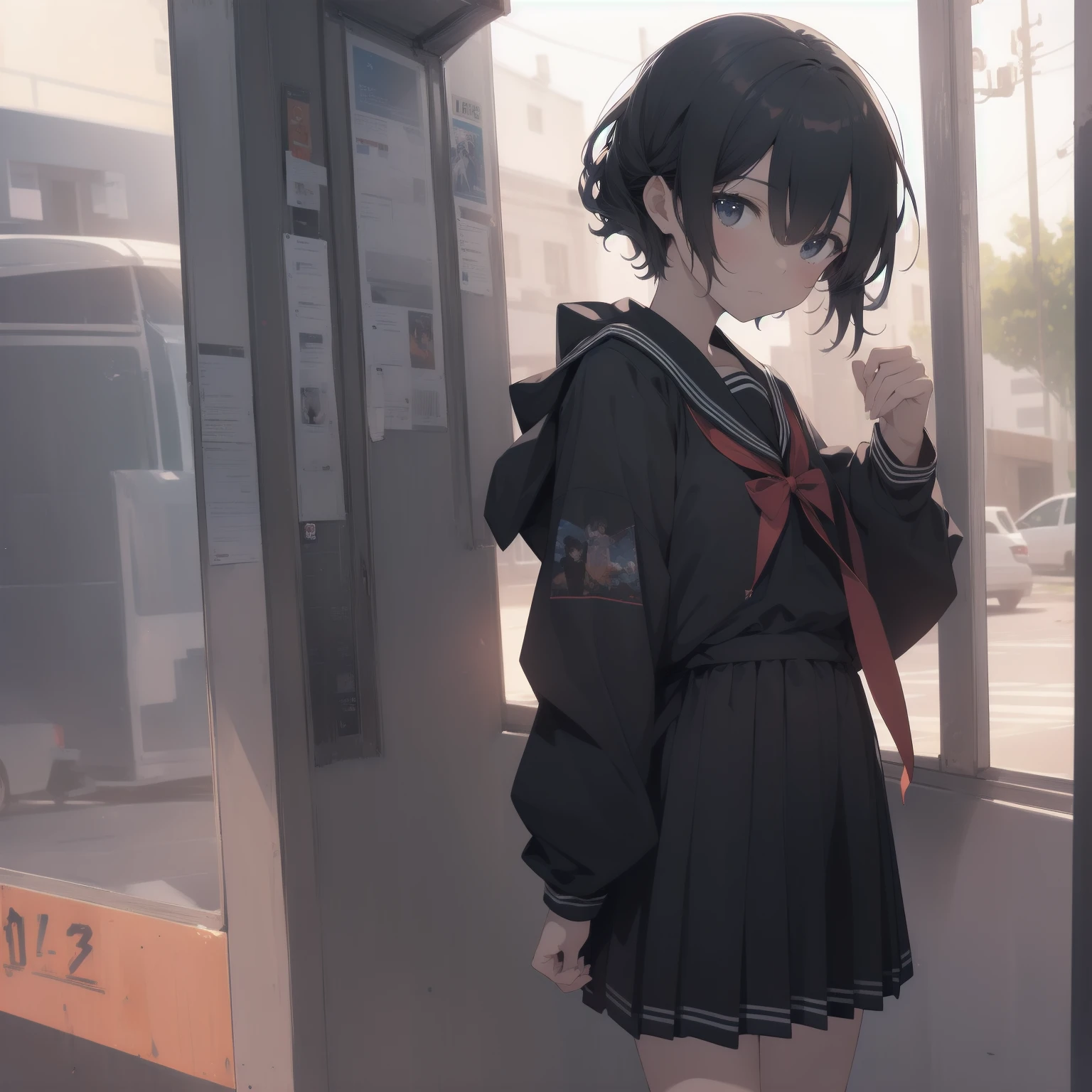 ultra-absurdres-Top quality by artist God, ultra-detailed, high resolution, anime moe artstyle, best anime 8k konachan wallpaper, pixiv contest winner, pool:2810, perfect anatomy,break, 1girl, (Please draw a girl walking sleepily to school alone. )break,(Solo,little female, 13-year-old:1.3),Full limbs, complete fingers,a junior high school student, (very short hair), short cut, flat chest, , small butt, small black eyes, beautiful detailed eyes, well-proportioned iris and pupils, expressive eyes, highres detailed hair, soft expression, salor school_uniform, sailor collar, serahuku, bow, pleated skirt,(Detailed Lighting), (Detailed background), in the School commute route. break,super detailed skin, Best cinematic lighting powered by famous artist, 8k,beauty illustration,photoshop_(medium),very aesthetic,break,((artist:kotorai )), artist:clamp ,artist:carnelian ,artist:kantoku ,