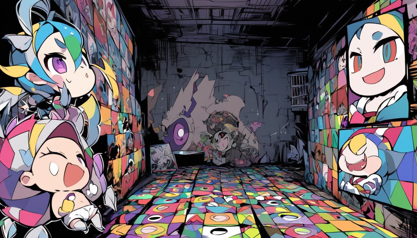 dark barred basement, a cute baby with evil smile, poorly drawn manga-style images, colorful patchwork of contrast magic